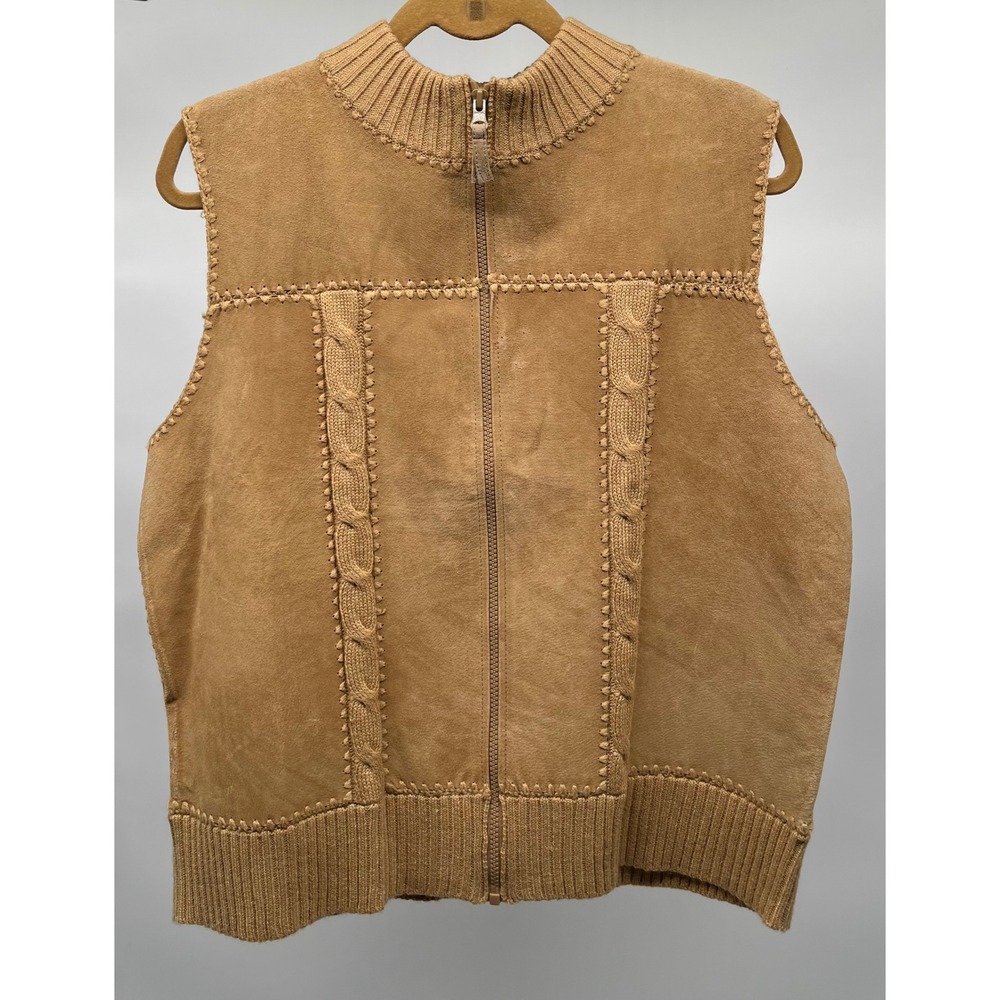 Designers Studio Vintage Suede Cable Knit Zip Vest XL Boho Retro Western Unisex